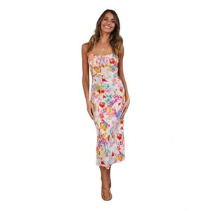 Seven Wonders NWT Lori Midi Dress Floral L Abstract Colourful Artsy Milkmaid Y2K